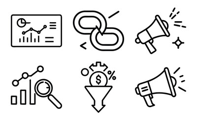 Marketing and Business Line Icons 6 Vector Icons for SEO Link Building, Sales Funnel, Promotion, Analytics, Customer Targeting and Digital Advertising