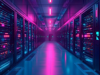 AI-controlled network hub with glowing servers and suspended cables, sterile environment, no people
