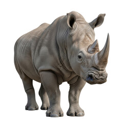 Obraz premium A majestic white rhinoceros stands with a powerful presence, showcasing its large body and prominent horn. Ideal for wildlife, nature, or conservation themes.