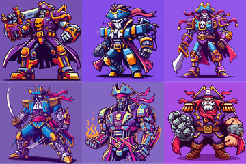 collection of pirate captain robot vector illustration