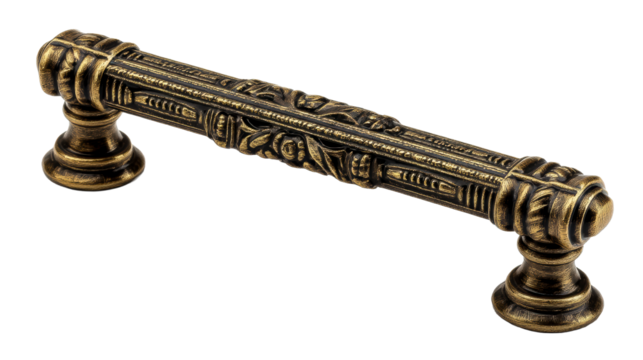 Floral metal drawer pull on a clear background