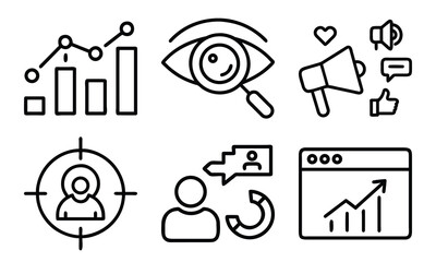 Fototapeta premium Marketing and Business Line Icons 6 Vector Icons for SEO Link Building, Sales Funnel, Promotion, Analytics, Customer Targeting and Digital Advertising