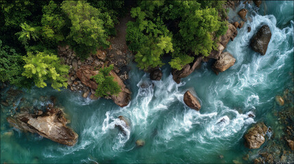 Aerial River Majesty: A breathtaking bird's-eye view captures the untamed beauty of a rushing river carving its path through a verdant landscape, revealing a stunning symphony of water and nature.