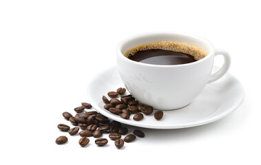 Hot coffee with coffe beans isolated on white.