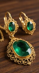 Gold tone jewelry set with emerald gemstones