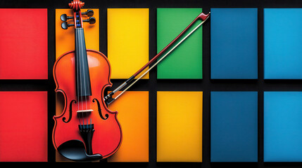Vibrant Violin on Colorful Background with Abstract Art Panels