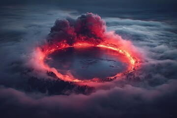 Fiery ring surrounds a world, shrouded in clouds