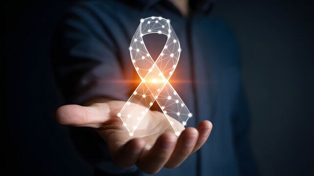 Hand presenting glowing digital ribbon symbolizing hope, awareness, and innovation in medical science