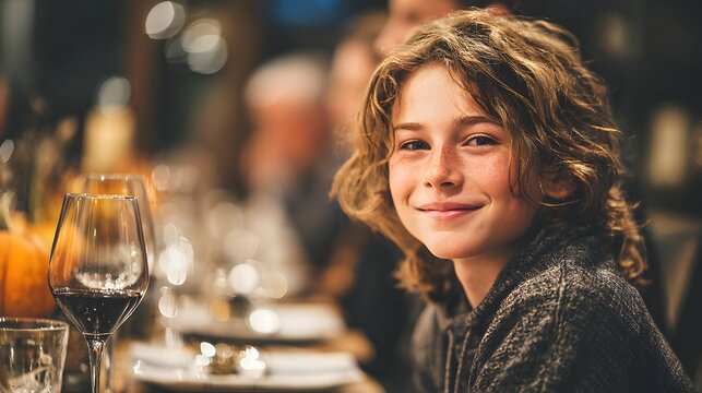 A Freckled Youth's Serene Smile at a Warmly Lit Family Dinner Table - Powered by Adobe