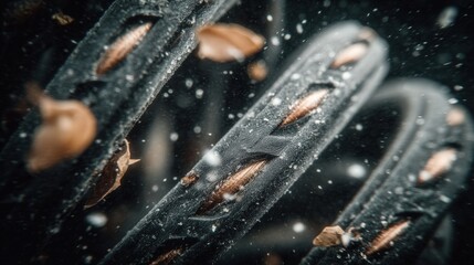 Close-up underwater view of a deep-sea fiber optic cable lying on the ocean floor with sand and particles, lit by natural blue ambient light.