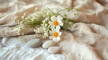 Simple arrangement of flowers, stones, and linens emphasizing natural beauty