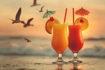 Two cocktails on beach with seagulls.