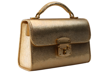 Textured Gold Handbag with Rounded Handle and Clasp Detail, Angled Side View, Isolated on Transparent Background