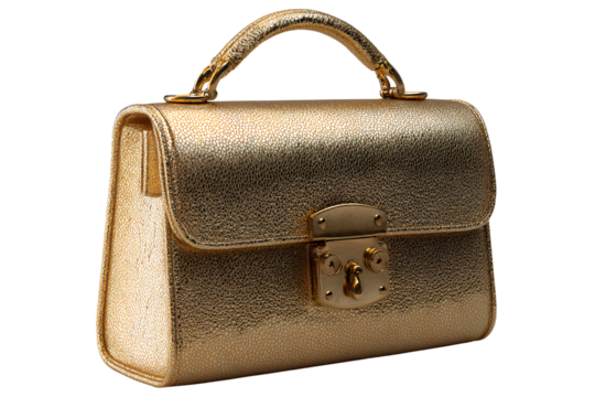 Textured Gold Handbag with Rounded Handle and Clasp Detail, Angled Side View, Isolated on Transparent Background