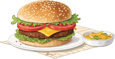 Burger illustration vector design, Burger logo and icon design, Burger on plate vector design