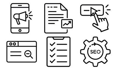 Marketing and Business Line Icons 6 Vector Icons for SEO Link Building, Sales Funnel, Promotion, Analytics, Customer Targeting and Digital Advertising