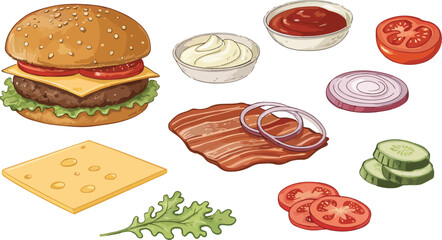 Burger with vegetables illustration vector design, Burger logo and icon design, Burger vector design