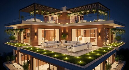 Obraz premium Modern Building with Rooftop Terrace and Lighting at Night