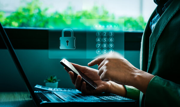 Cybersecurity and mobile data protection concept with person entering PIN code on smartphone, secure digital lock symbol, and virtual keypad overlay to illustrate privacy, encryption, and secure login