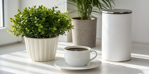 Coffee Cup with Plants on Bright Windowsill Minimalist Still Life.