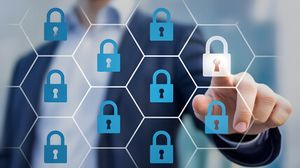 Businessman secures digital data by activating glowing lock icon on futuristic network interface, ensuring cybersecurity and protection
