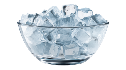 Ice cubes in a clear glass bowl on a transparent background