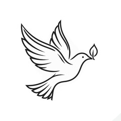 Minimalist line art illustration of a flying peace dove holding an olive branch, a symbol of hope and harmony.