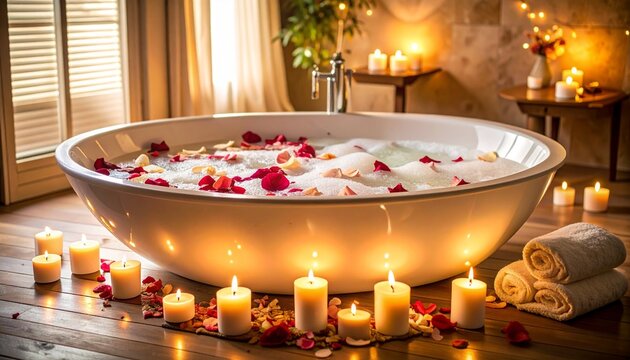 Aromatherapy bath with rose petals and candles, Creating a relaxing and romantic spa experience with a luxurious bubble bath setting