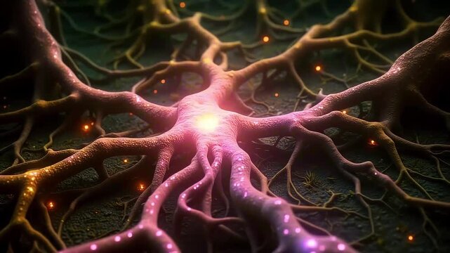 Glowing neural network pulsing with light, representing data connection and AI technology