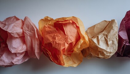 Crinkled paper shapes in warm tones,  ranging from light pink to deep burgundy, arranged in a horizontal line against a white background