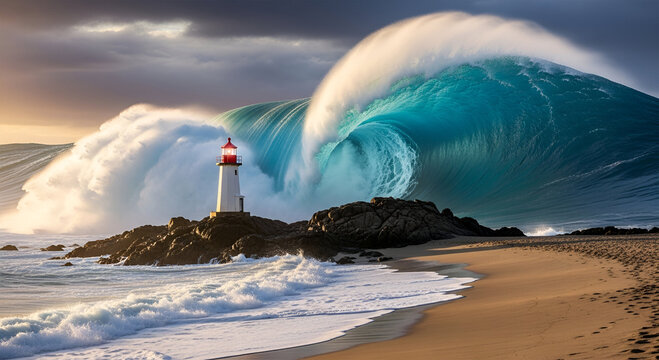 Dramatic ocean wave crashing near a lighthouse on a rocky shore.