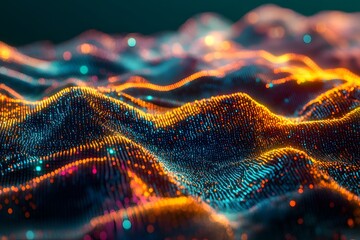 abstract digital landscape made of flowing code, terrain shaped by numbers and symbols, surreal tech world 
