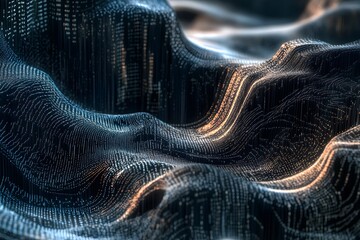 abstract digital landscape made of flowing code, terrain shaped by numbers and symbols, surreal tech world 
