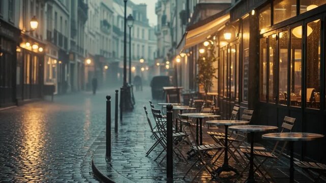 Rainy Parisian Cafe Scene: Evening Ambiance Cobblestone Street Cinematic Atmosphere.