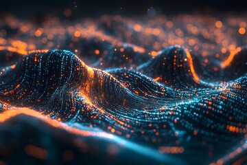 abstract digital landscape made of flowing code, terrain shaped by numbers and symbols, surreal tech world 
