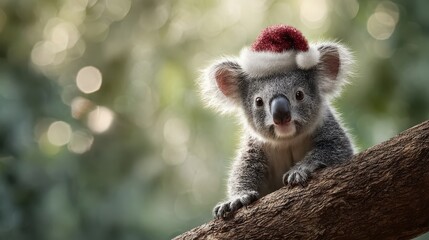 Charming Koala Embraces Christmas Spirit With Festive Hat on a Branch