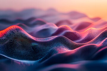 abstract digital landscape made of flowing code, terrain shaped by numbers and symbols, surreal tech world 
