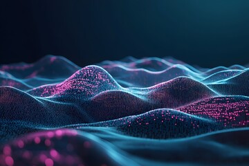 abstract digital landscape made of flowing code, terrain shaped by numbers and symbols, surreal tech world 
