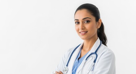 Confident Female Doctor Posing Professionally Against White Background