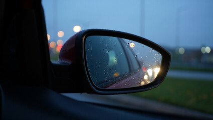 Rain Drops on a Car's Side Mirror Reflecting City Lights at Dusk