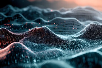 abstract digital landscape made of flowing code, terrain shaped by numbers and symbols, surreal tech world 
