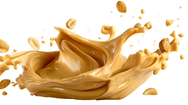 Creamy peanut butter splashing with nuts and textures in motion