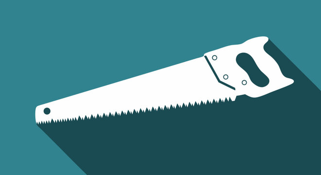 Stylized illustration of a white hand saw on a muted teal background demonstrating carpentry tools for woodworking tasks