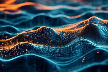 abstract digital landscape made of flowing code, terrain shaped by numbers and symbols, surreal tech world 
