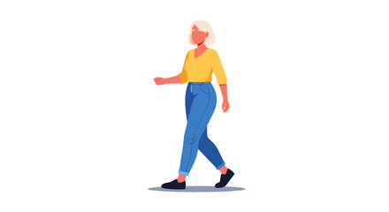 Blond woman strolls with effortless style, showcasing modern casual fashion and confident movement, demonstrating everyday life activities