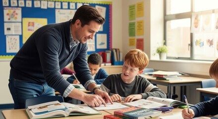 Obraz premium A teacher helping a young boy with his homework in a classroom.