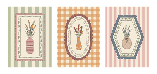 Vintage cottagecore posters set with hand drawn flower vases, delicate floral frames, fried autumn flowers, lavender. Cozy rustic cards collection.