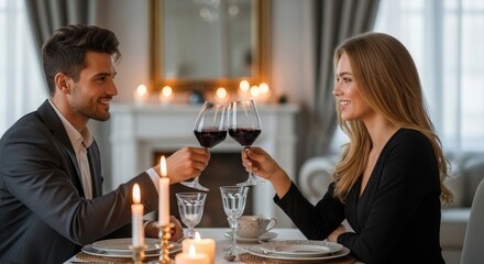 A couple toasting with wine glasses at a dinner table with candles and a fireplace in the background.