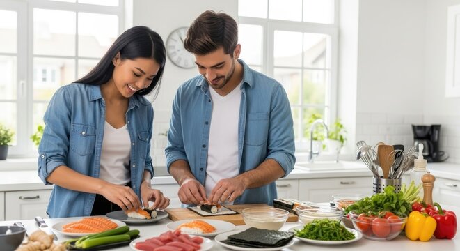 A couple preparing sushi in a kitchen.