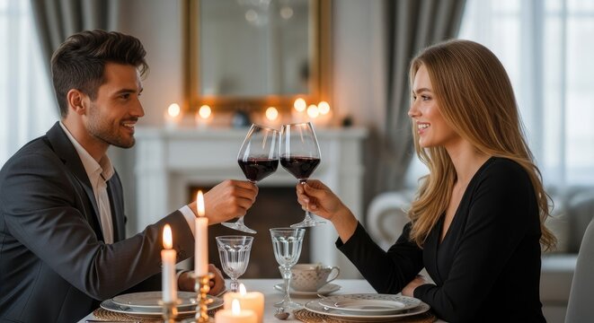 A couple toasting with wine glasses at a dinner table with candles and a fireplace in the background.
